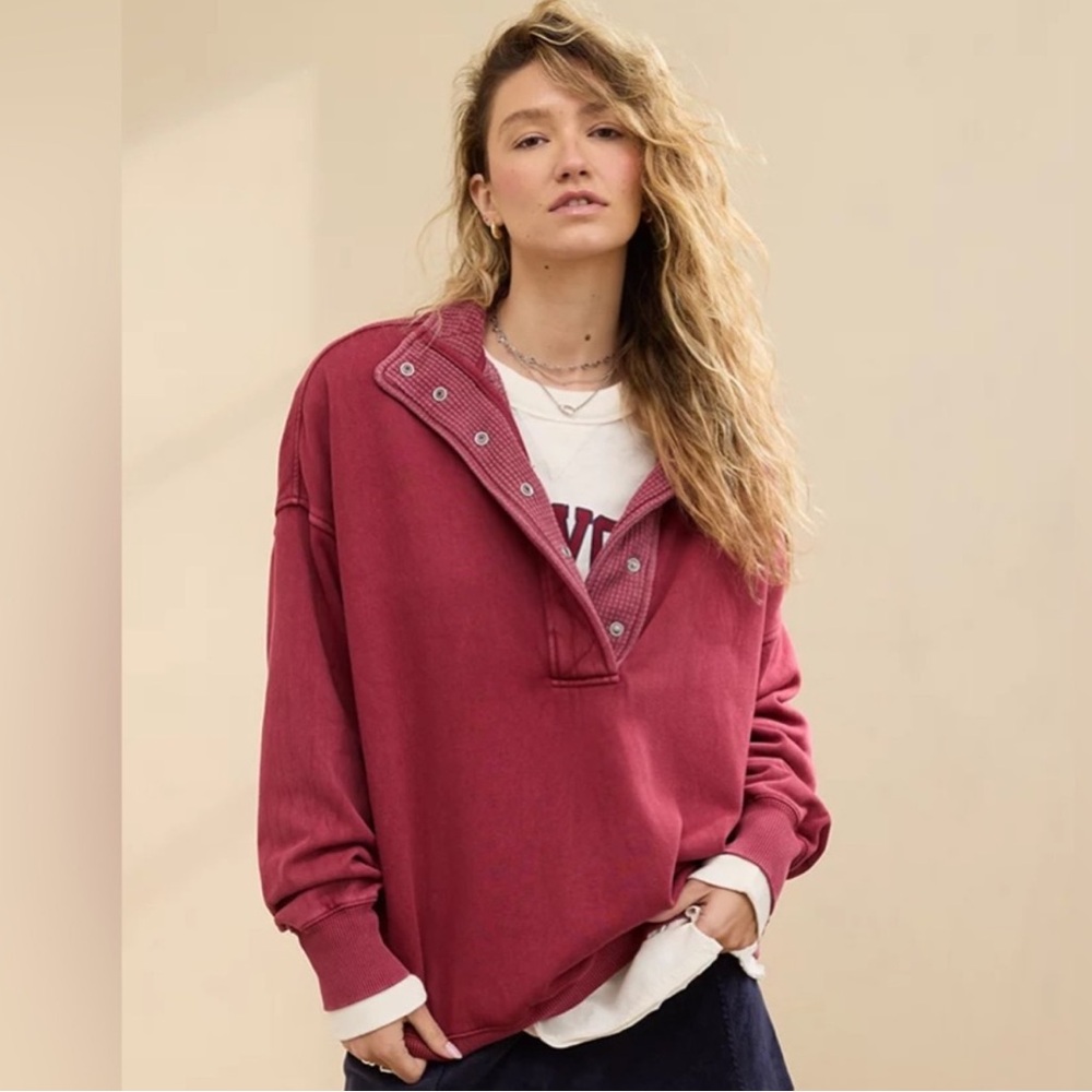 Aerie Getaway Quarter Snap Pullover - Cherry Tart